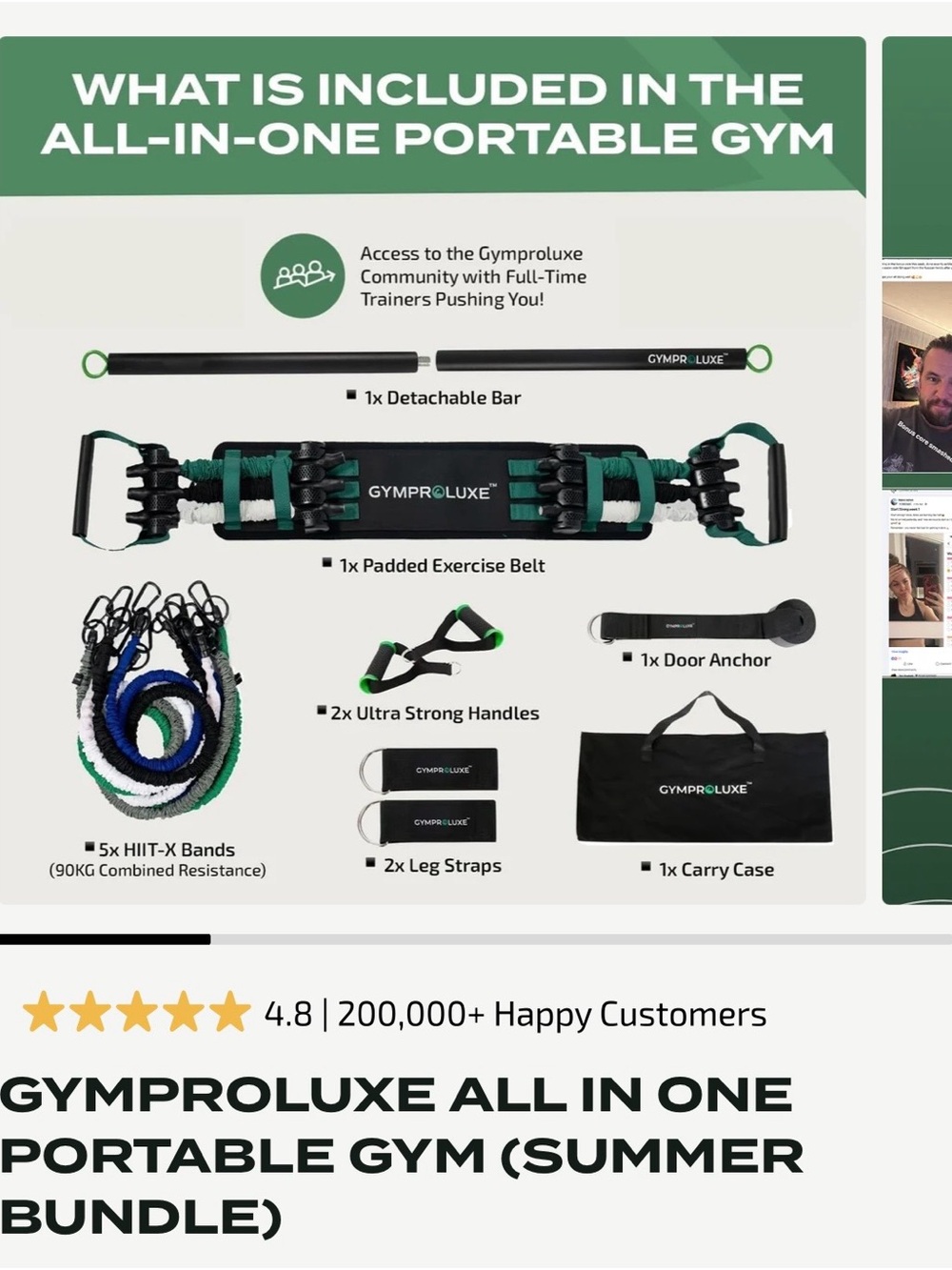 All-In-One Portable Gym — Black & Green  gymproluxe band, bar and accessory set